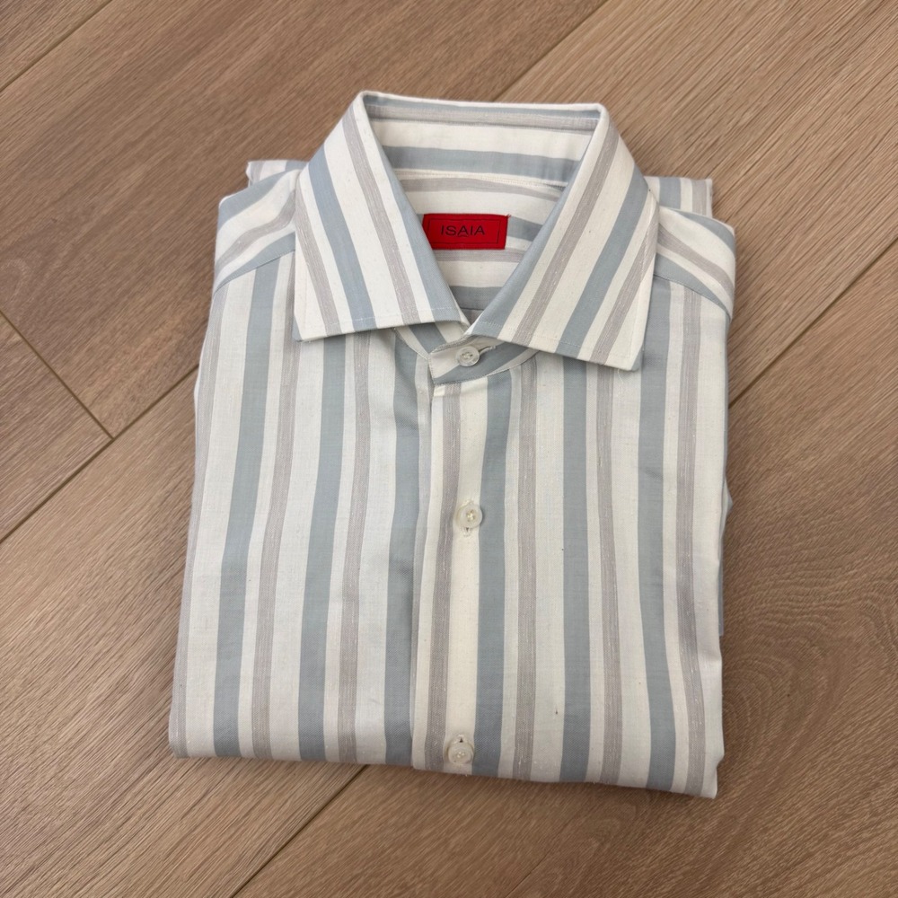 Isaia Napoli Mens Cotton Silk Striped Button Down Shirt Blue Grey Italy 15.5 39